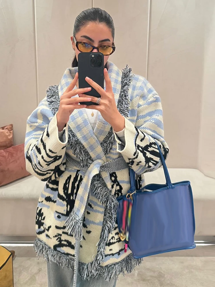 Tassel Fringe Trim - プリントニットタッセルカーディガン レディース ベルト付き ブルー Vネック 長袖