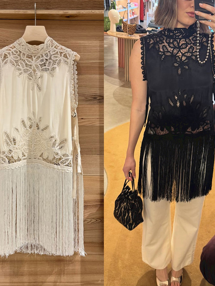 フレンチスタイルノット中空デザインノースリーブスタンドカラー - Tassel Fringe Trim のレビューと価格